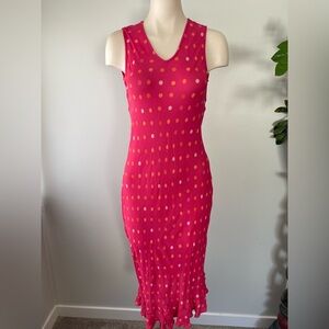 Vintage April Cornell Vibrant Polka Dot Sleeveless Mermaid Midi Dress Hot Pink